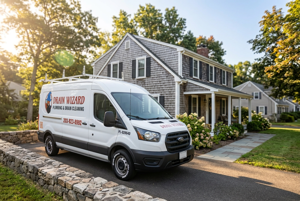 Drain Wizard Plumbing service van in front of a Connecticut home